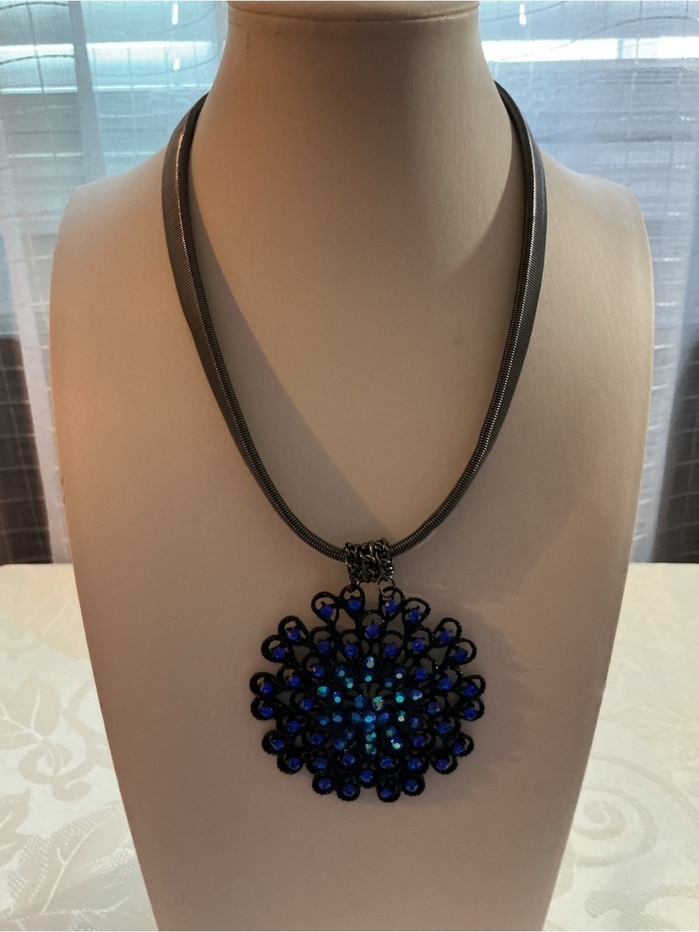Cobalt Blue Aurora Borealis Medallion Gunmetal Tone Collar Necklace